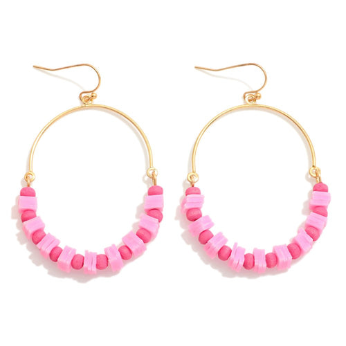 Linked Half Hoop and Mixed Media Beaded Drop Earrings Featuring Puka Shell and Wood Beads (Pink)