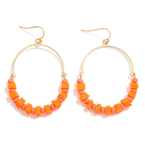 Linked Half Hoop and Mixed Media Beaded Drop Earrings Featuring Puka Shell and Wood Beads (Orange)