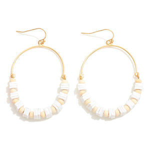 Linked Half Hoop and Mixed Media Beaded Drop Earrings Featuring Puka Shell and Wood Beads