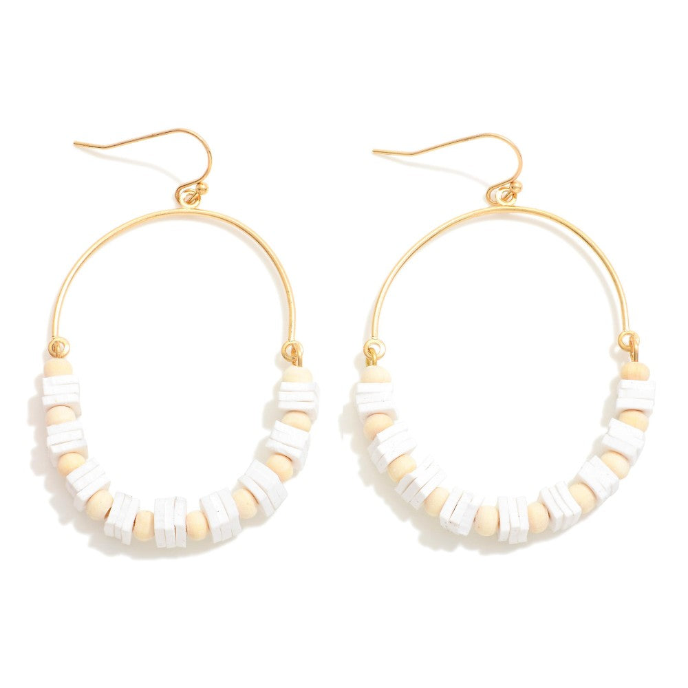 Linked Half Hoop and Mixed Media Beaded Drop Earrings Featuring Puka Shell and Wood Beads