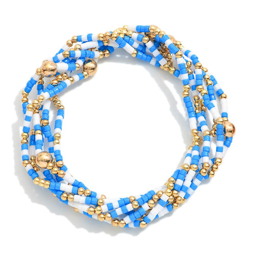 Set of Six Game Day Beaded Stretch Bracelets With Gold Tone Bead Accents (Blue/White)