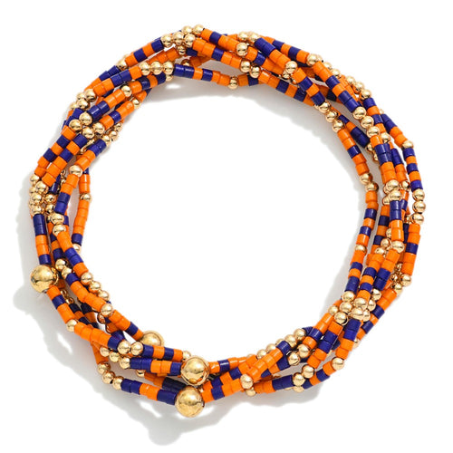 Set of Six Game Day Beaded Stretch Bracelets With Gold Tone Bead Accents (Orange/Navy)