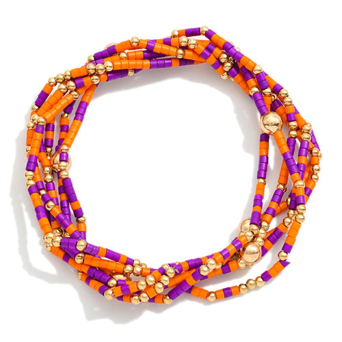 Set of Six Game Day Beaded Stretch Bracelets With Gold Tone Bead Accents (Orange/Purple)