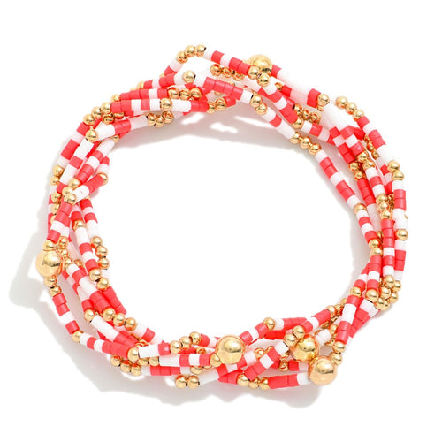 Set of Six Game Day Beaded Stretch Bracelets With Gold Tone Bead Accents (Red/White)