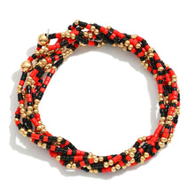 Load image into Gallery viewer, Set of Six Game Day Beaded Stretch Bracelets With Gold Tone Bead Accents (Red/Black)