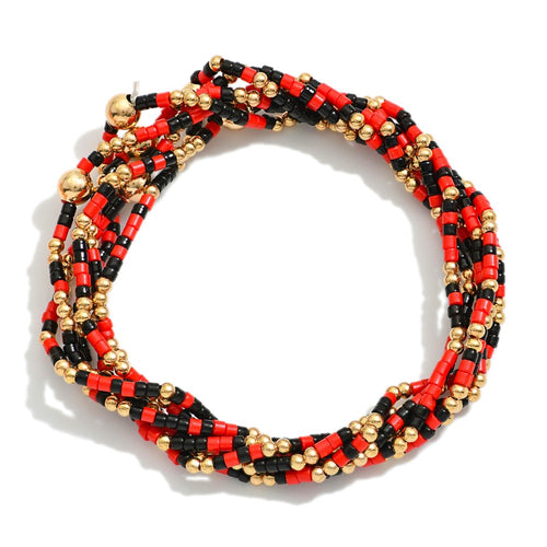 Set of Six Game Day Beaded Stretch Bracelets With Gold Tone Bead Accents (Red/Black)