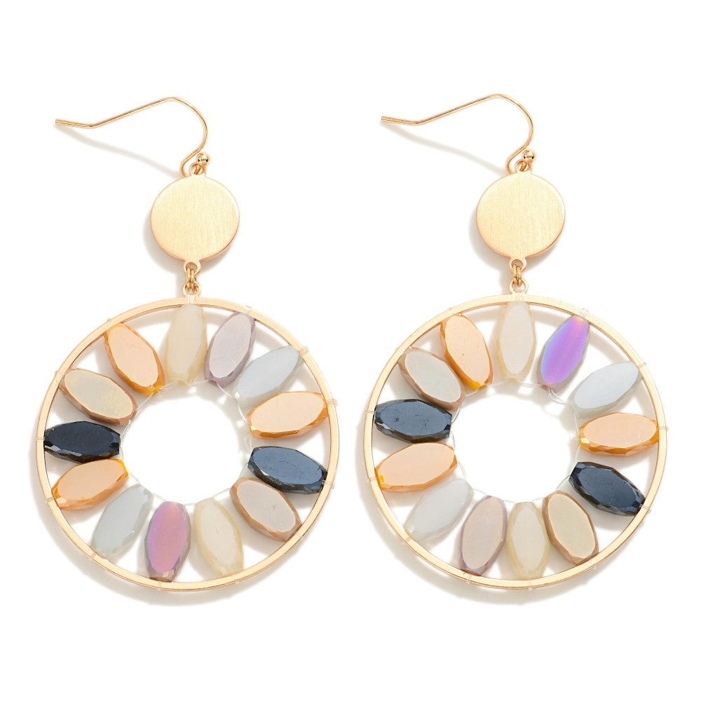 Metal Drop Earrings With Iridescent Beaded Flower Petals (Dark Multi)