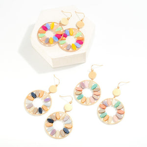 Metal Drop Earrings With Iridescent Beaded Flower Petals (Dark Multi)