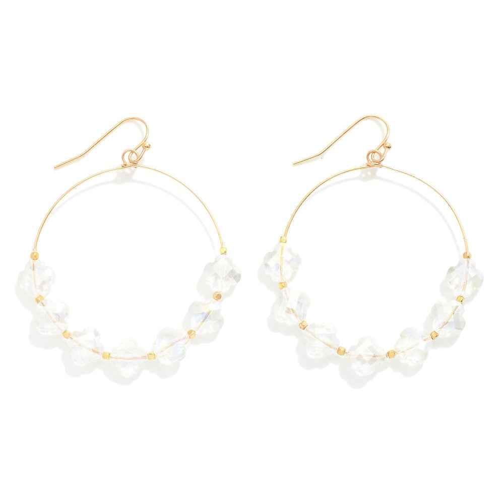 Glass Crystal Clover Beaded Wire Hoop Drop Earrings (Crystal)