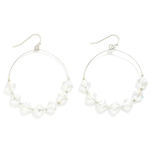 Glass Crystal Clover Beaded Wire Hoop Drop Earrings (Silver)