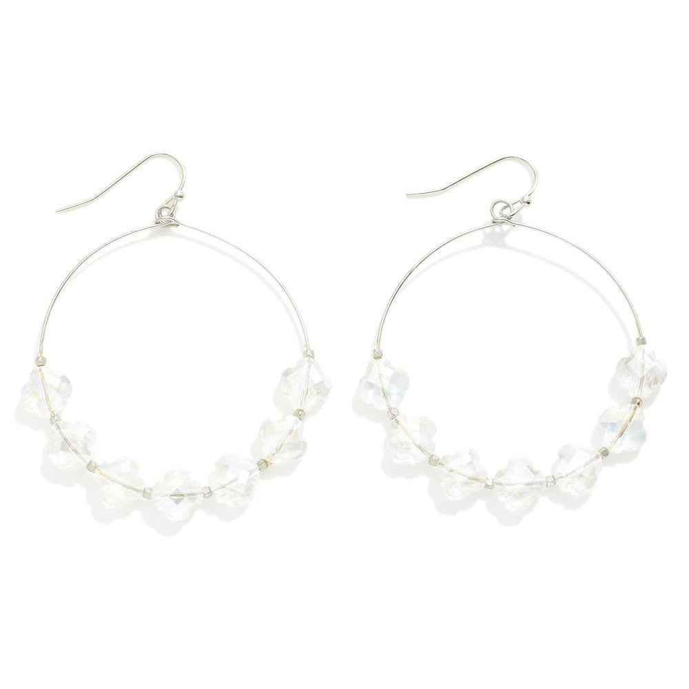 Glass Crystal Clover Beaded Wire Hoop Drop Earrings (Silver)