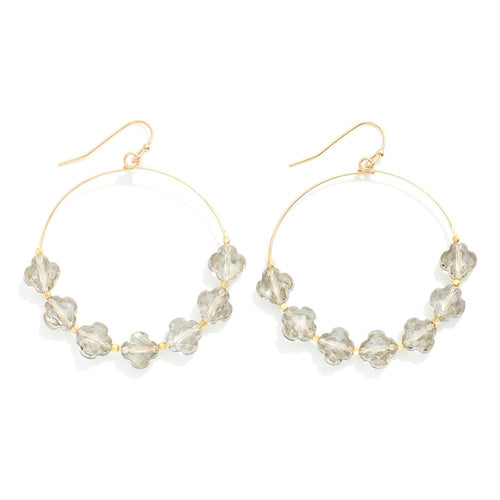 Glass Crystal Clover Beaded Wire Hoop Drop Earrings (Grey)