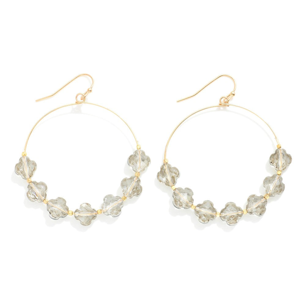 Glass Crystal Clover Beaded Wire Hoop Drop Earrings (Grey)