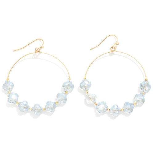 Glass Crystal Clover Beaded Wire Hoop Drop Earrings (Light Blue)