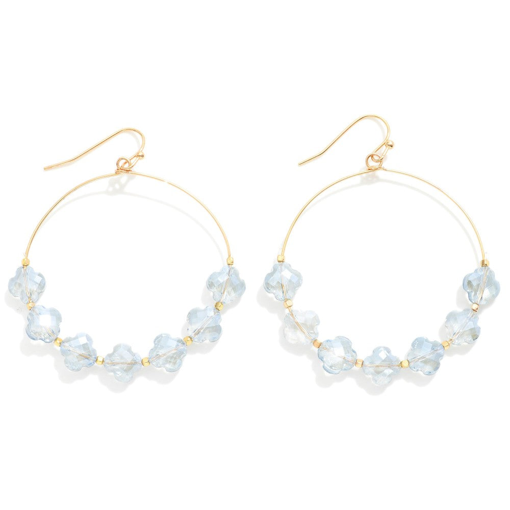 Glass Crystal Clover Beaded Wire Hoop Drop Earrings (Light Blue)