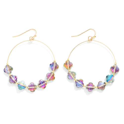 Glass Crystal Clover Beaded Wire Hoop Drop Earrings (Multi)