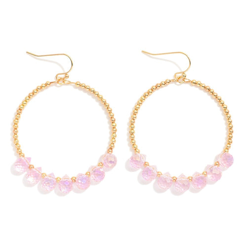 Beaded Hoop Drop Earrings Featuring Metal Tones & Glass Crystal Teardrop Beads (Blush Pink)