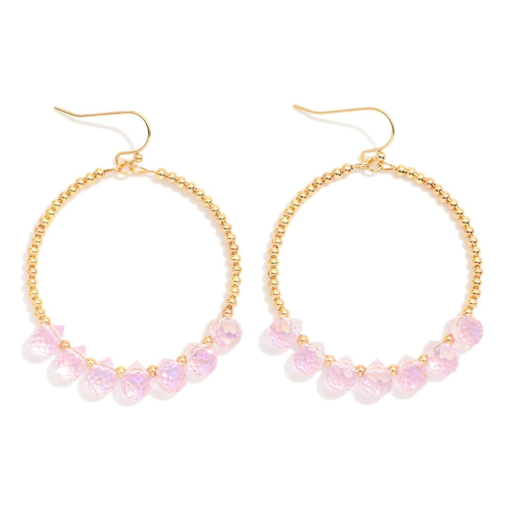 Beaded Hoop Drop Earrings Featuring Metal Tones & Glass Crystal Teardrop Beads (Blush Pink)