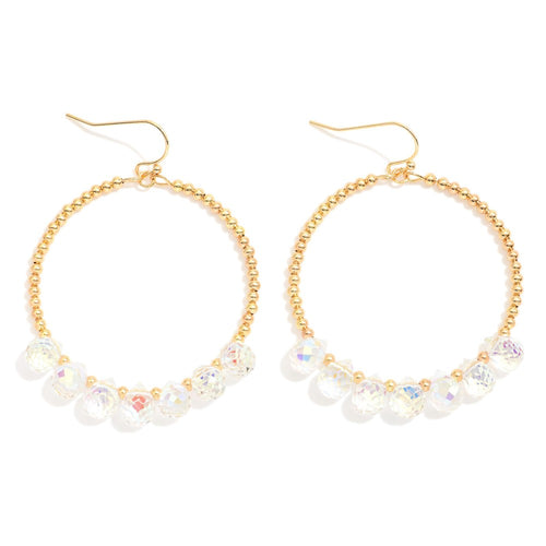 Beaded Hoop Drop Earrings Featuring Metal Tones & Glass Crystal Teardrop Beads (Crystal)
