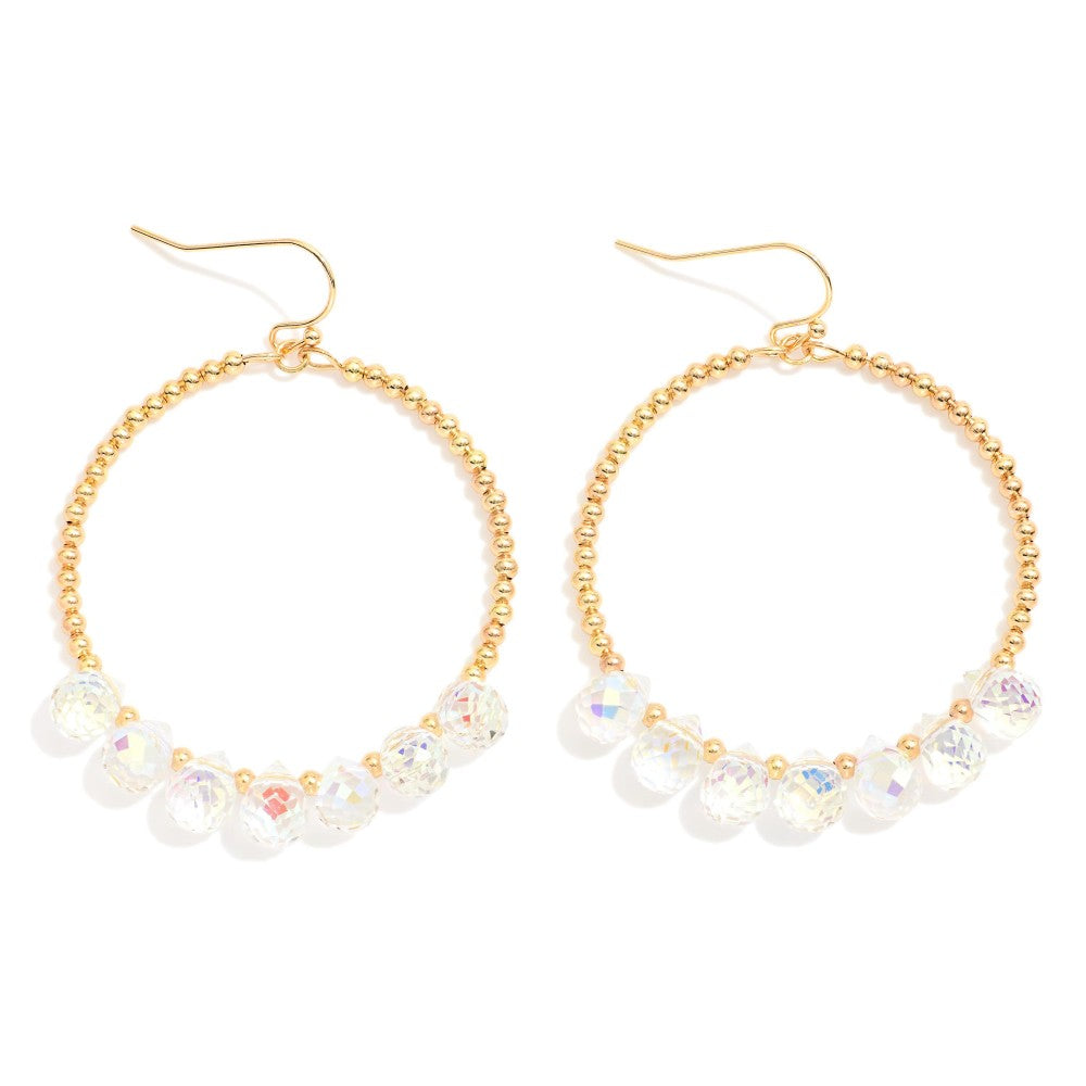 Beaded Hoop Drop Earrings Featuring Metal Tones & Glass Crystal Teardrop Beads (Crystal)
