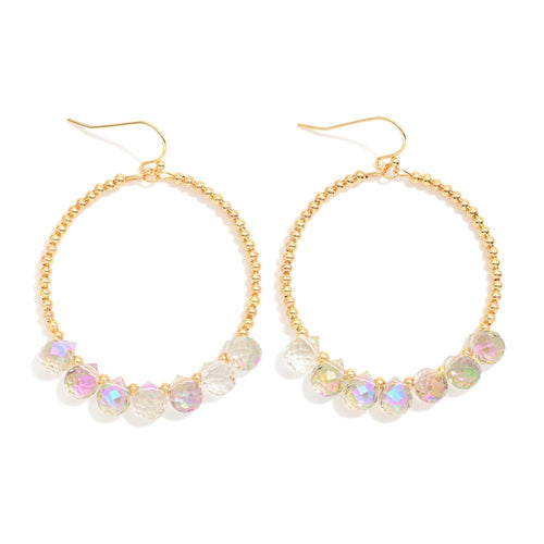Beaded Hoop Drop Earrings Featuring Metal Tones & Glass Crystal Teardrop Beads (Abalone)