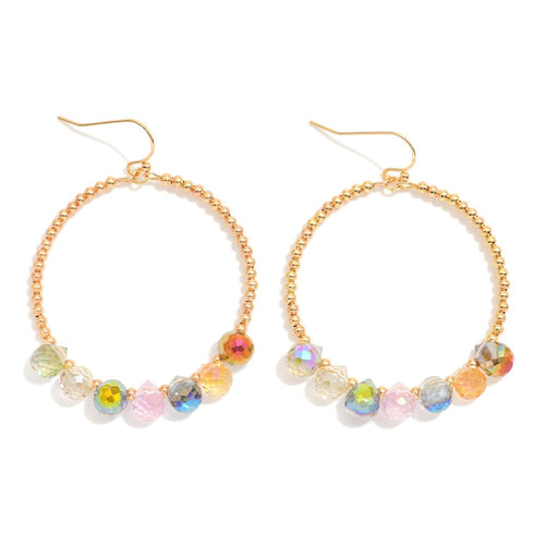 Beaded Hoop Drop Earrings Featuring Metal Tones & Glass Crystal Teardrop Beads (Multi)