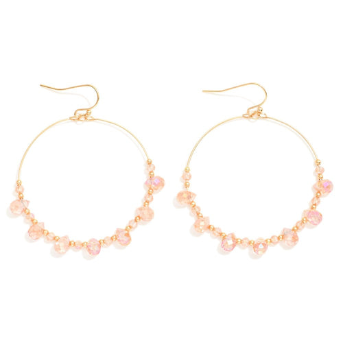 Beaded Wire Hoop Drop Earrings Featuring Glass Crystal Teardrop Beads (Pink)