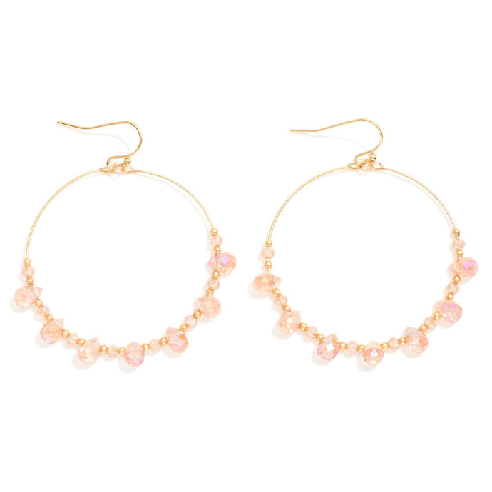 Beaded Wire Hoop Drop Earrings Featuring Glass Crystal Teardrop Beads (Pink)