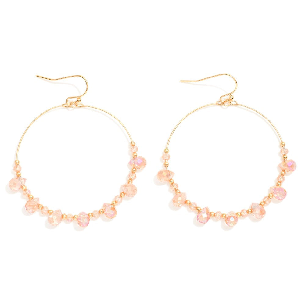 Beaded Wire Hoop Drop Earrings Featuring Glass Crystal Teardrop Beads (Pink)