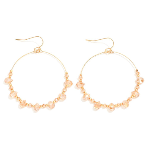 Beaded Wire Hoop Drop Earrings Featuring Glass Crystal Teardrop Beads (Champagne)