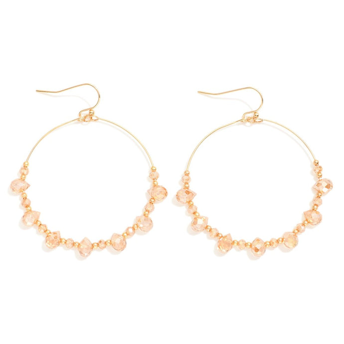 Beaded Wire Hoop Drop Earrings Featuring Glass Crystal Teardrop Beads (Champagne)