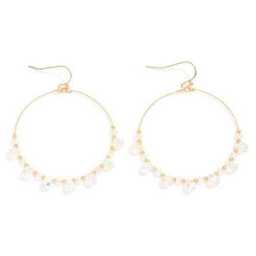 Beaded Wire Hoop Drop Earrings Featuring Glass Crystal Teardrop Beads (Crystal)