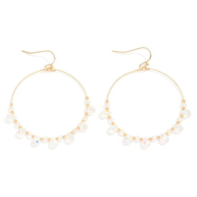 Beaded Wire Hoop Drop Earrings Featuring Glass Crystal Teardrop Beads (Crystal)