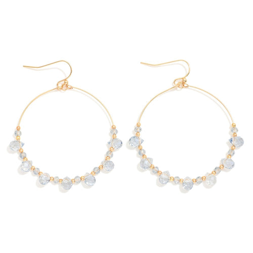 Beaded Wire Hoop Drop Earrings Featuring Glass Crystal Teardrop Beads (Blue)