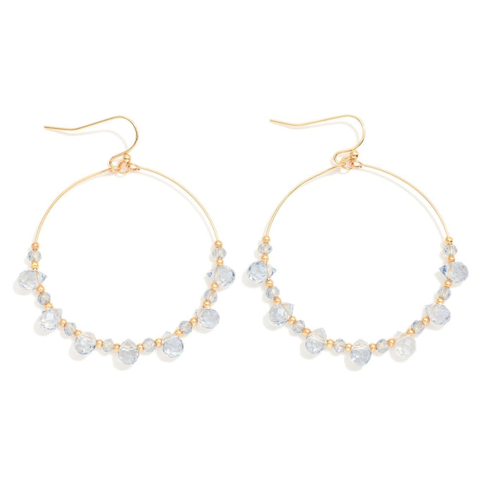 Beaded Wire Hoop Drop Earrings Featuring Glass Crystal Teardrop Beads (Blue)