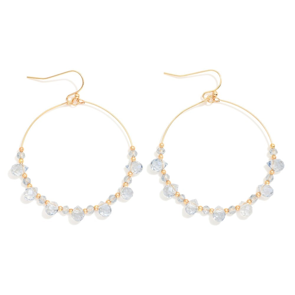 Beaded Wire Hoop Drop Earrings Featuring Glass Crystal Teardrop Beads (Blue)