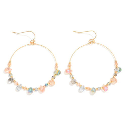 Beaded Wire Hoop Drop Earrings Featuring Glass Crystal Teardrop Beads (Multi)