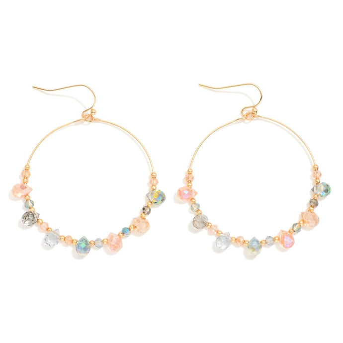 Beaded Wire Hoop Drop Earrings Featuring Glass Crystal Teardrop Beads (Multi)