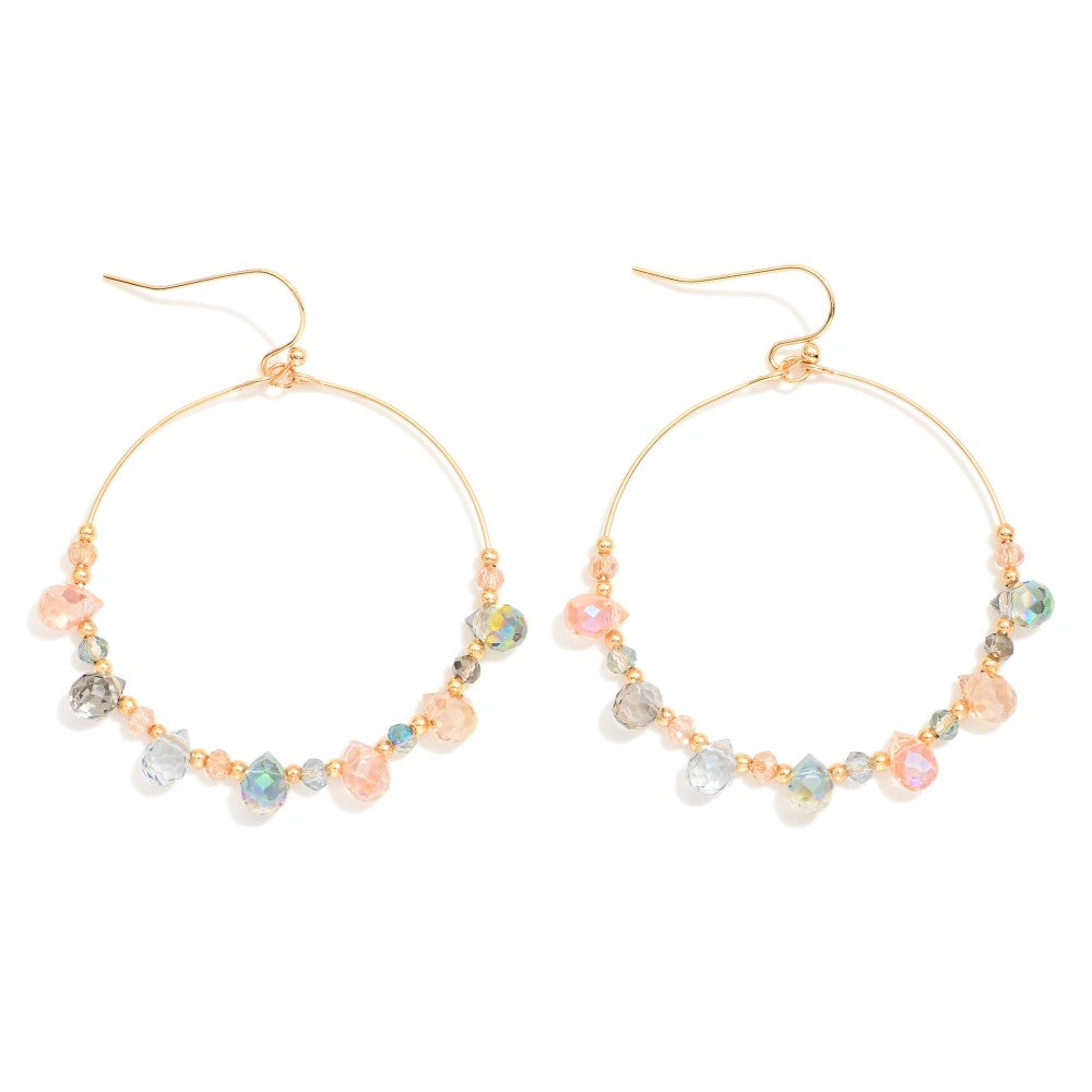 Beaded Wire Hoop Drop Earrings Featuring Glass Crystal Teardrop Beads (Multi)