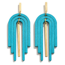 Load image into Gallery viewer, Linked Wood Arch Drop Earrings With Gold Tone Accent (Blue)