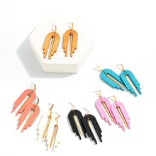 Load image into Gallery viewer, Linked Wood Arch Drop Earrings With Gold Tone Accent (Blue)