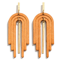 Load image into Gallery viewer, Linked Wood Arch Drop Earrings With Gold Tone Accent (Brown)