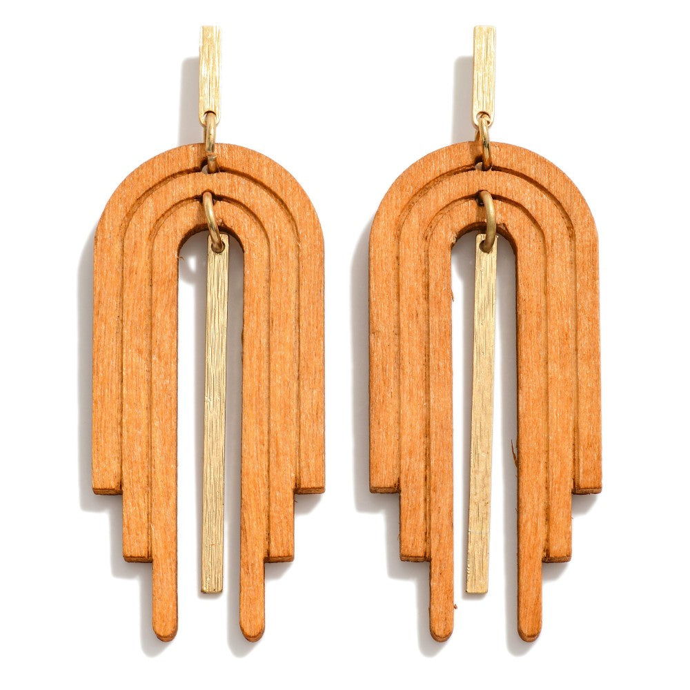 Linked Wood Arch Drop Earrings With Gold Tone Accent (Brown)