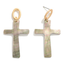 Load image into Gallery viewer, Mother of Pearl Cross Drop Earrings (Gray)
