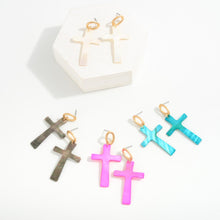 Load image into Gallery viewer, Mother of Pearl Cross Drop Earrings (Gray)