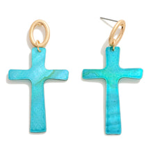 Load image into Gallery viewer, Mother of Pearl Cross Drop Earrings (Blue/Green)