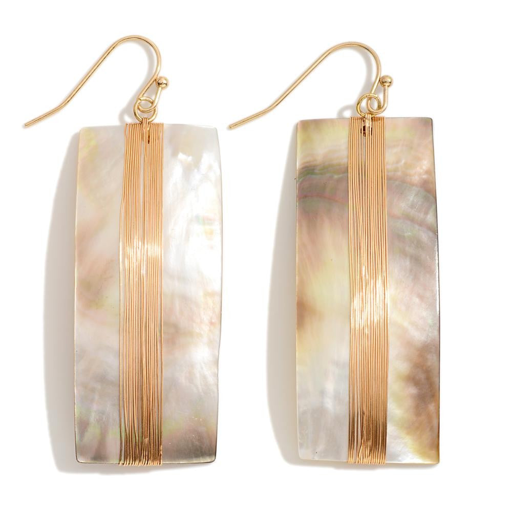Wire Wrapped Rectangular Shell Drop Earrings (Gray)