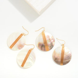 Circular Cut Shell Earrings With Wire Wrap Detail (White)