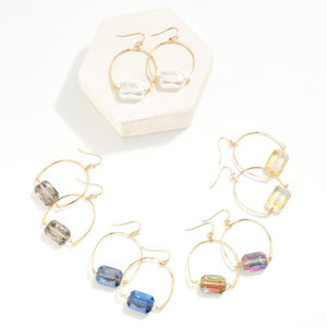 Gold Tone Metal Wire Arch Drop Earrings With Emerald Cut Glass Crystal Bead Charm (Abalone)