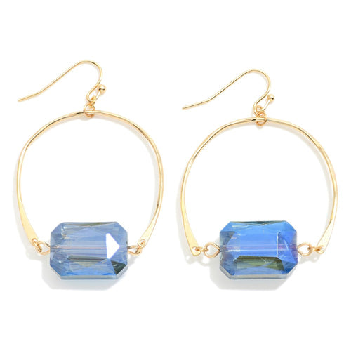 Gold Tone Metal Wire Arch Drop Earrings With Emerald Cut Glass Crystal Bead Charm (Blue)